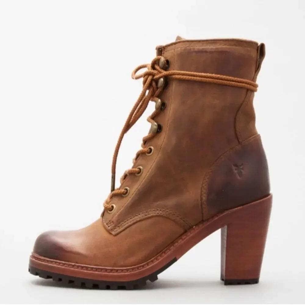 Frye Lucy Brown Leather Lace Up Ankle Boot 9